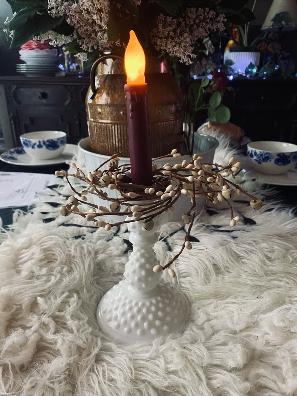 Hobnail Milk Glass Candle Holder with Berry Wreath